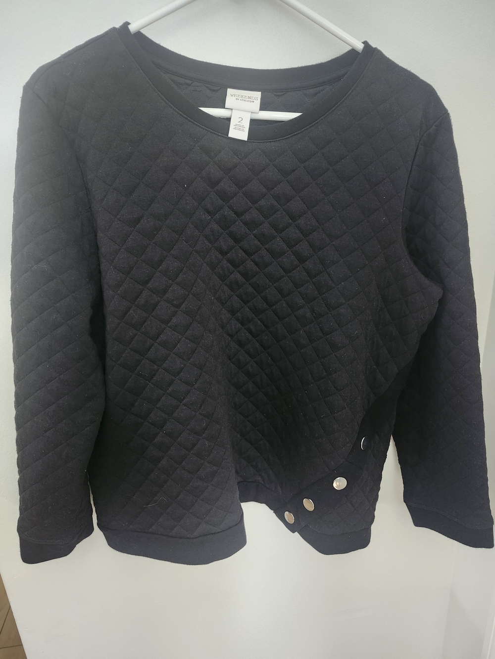 Chico's Black Quilted Crewneck Sweater with Snap Accent